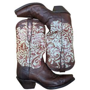 Dan Post Brown Leather Cowboy Western Boots Floral Embroidery Women’s Size 7.5